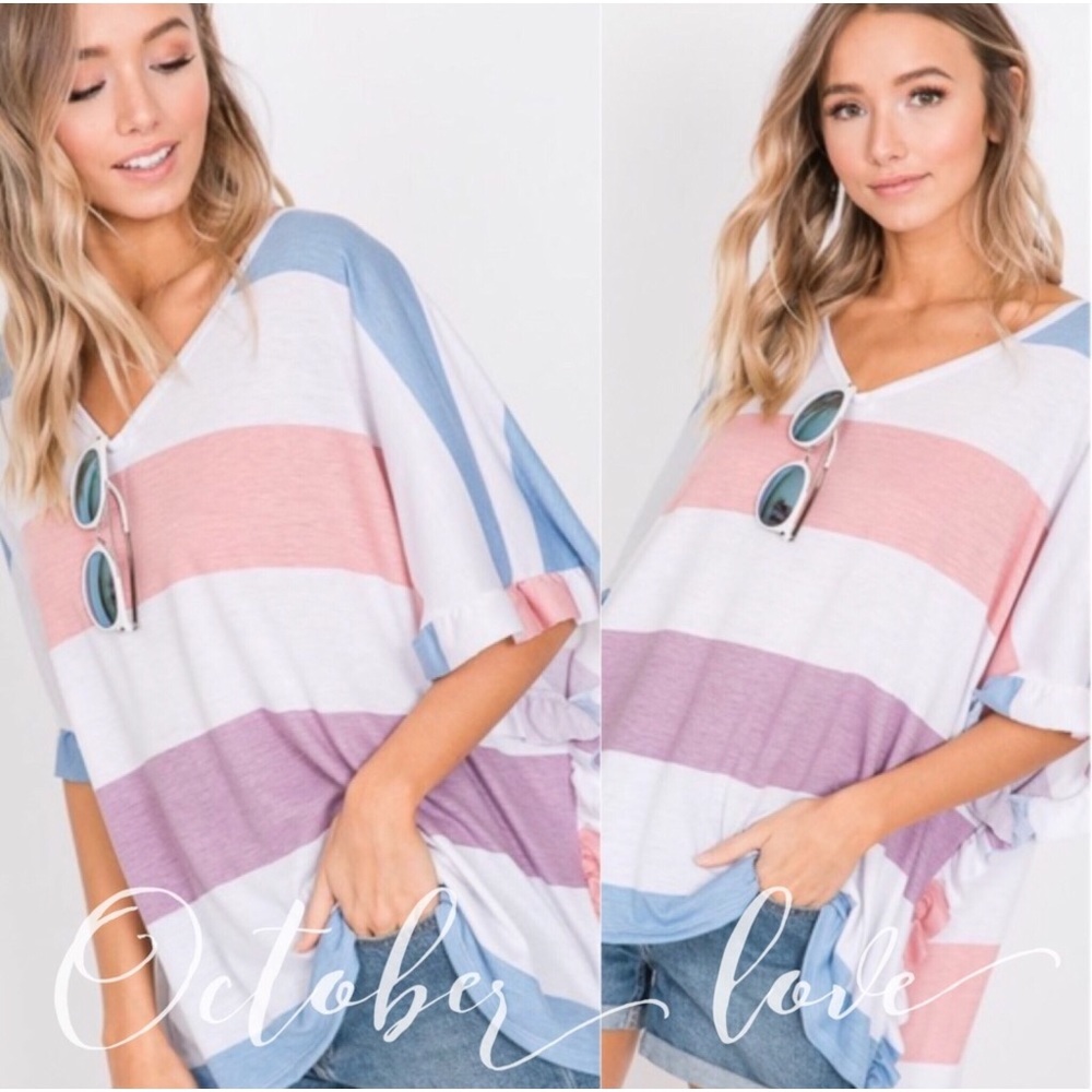 LAST ONE Pastel Color Striped Top with Ruffle Trim - Picture 3 of 5